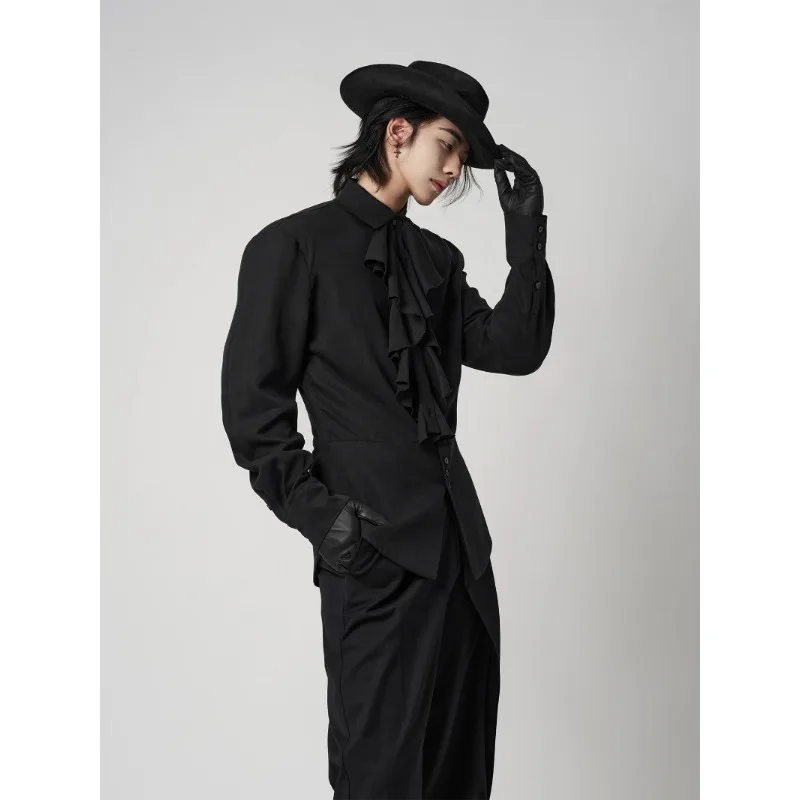 Men Court Detachable Lotus Leaf Collar Waist Long Sleeve Shirt