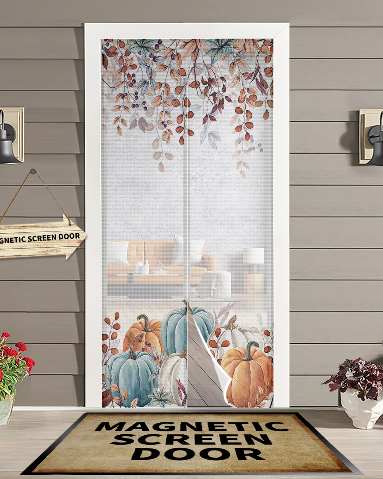 Autumn Pumpkin Eucalyptus Leaves Magnetic Door Curtain Living Room Bedroom Home Anti-mosquito Screen Door Curtain