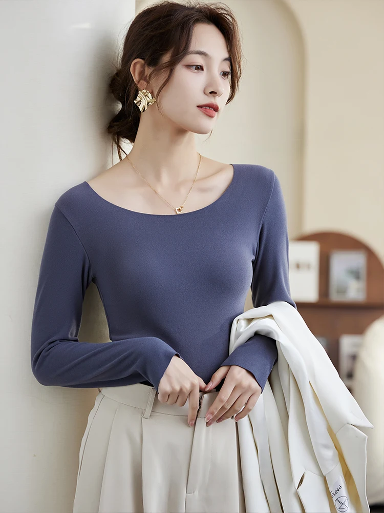 Ropa interior térmica para mujer, camisa base de manga larga con cuello redondo, top sin costuras con autocalentamiento, Otoño e Invierno