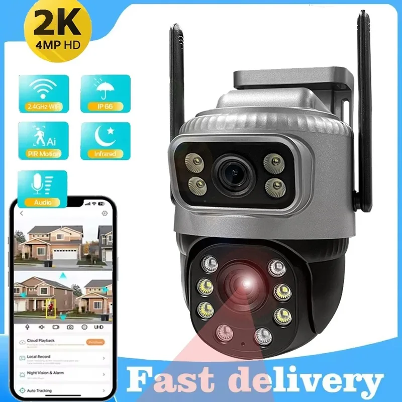 

IP WiFi Surveillance Cameras Dual Lens, 4MP 2K Wireless Network, Outdoor Home Night Vision, V380 pro Digital 10x Zoom
