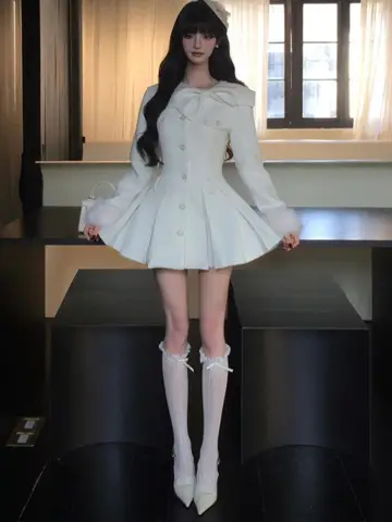 Spring White French Vintage Dress Women Bow Casual Button Party Mini Dress Female Korean Fashion Designer Sweet Dress 2025 New