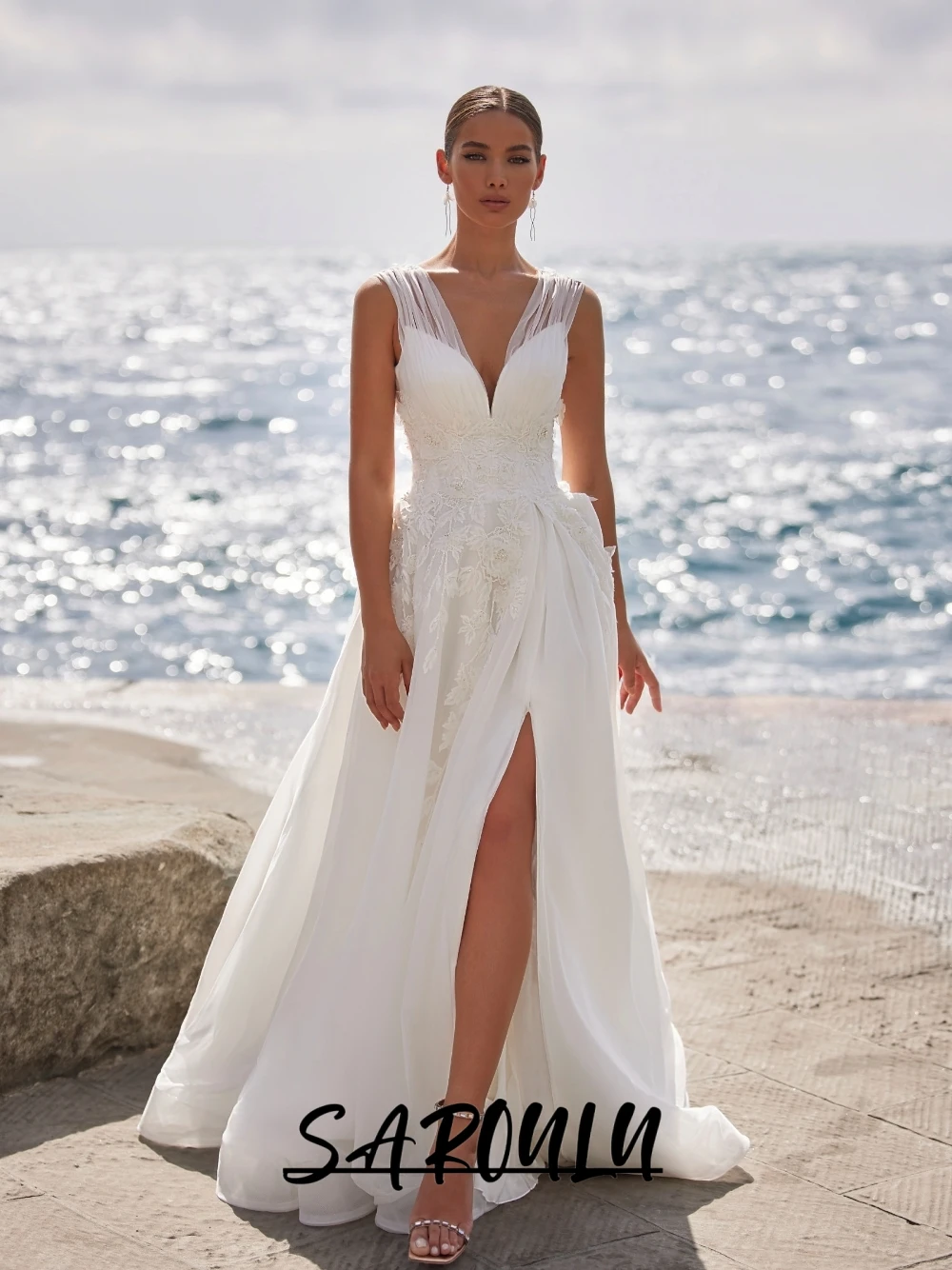 

Elegant White Chiffon Lace A Line Wedding Dress Sleeveless Deep V Neck Backless Split Beach Bride Gown With Train Customized