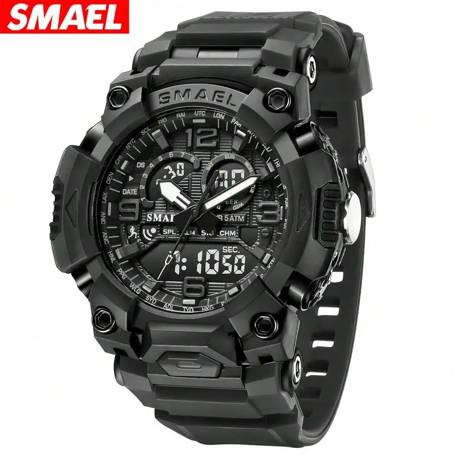 SMAEL Men's Dual Display Digital Analog Sports Watch - With Chronograph, Date Display, Alarm, 12/24 Hour, LED Backlight, Quartz