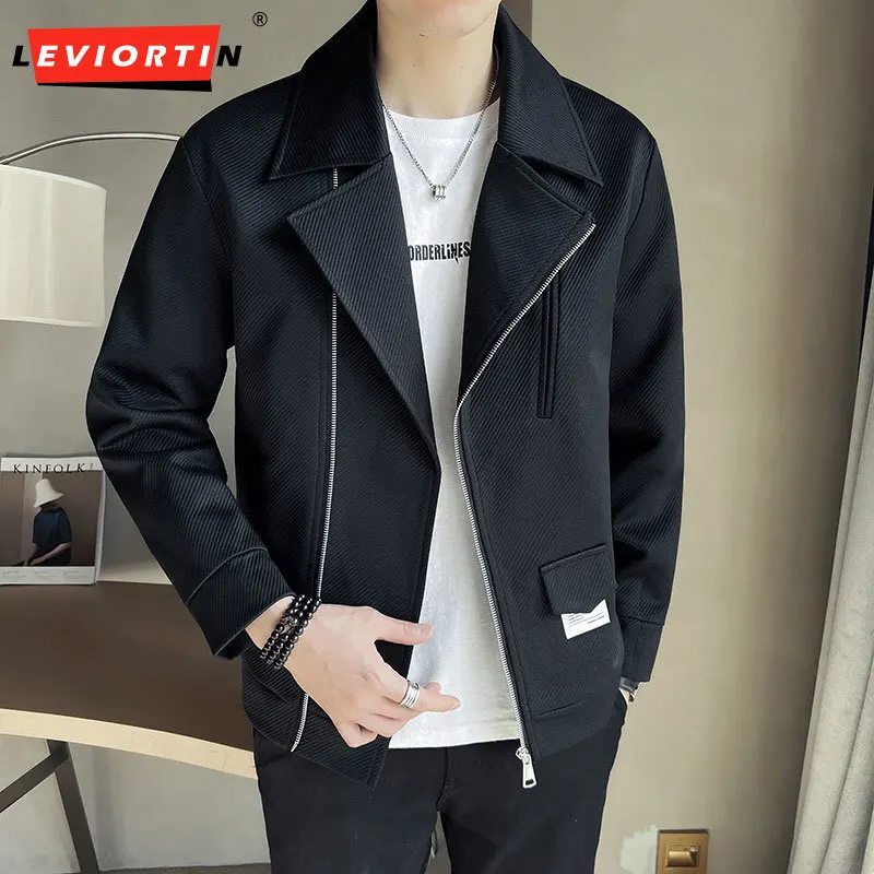 

2023 Spring and Autumn Korean Edition Men's Oblique Zipper Design Bike Jacket Men's Fashion Slim Fit High Quality Casual Jacket