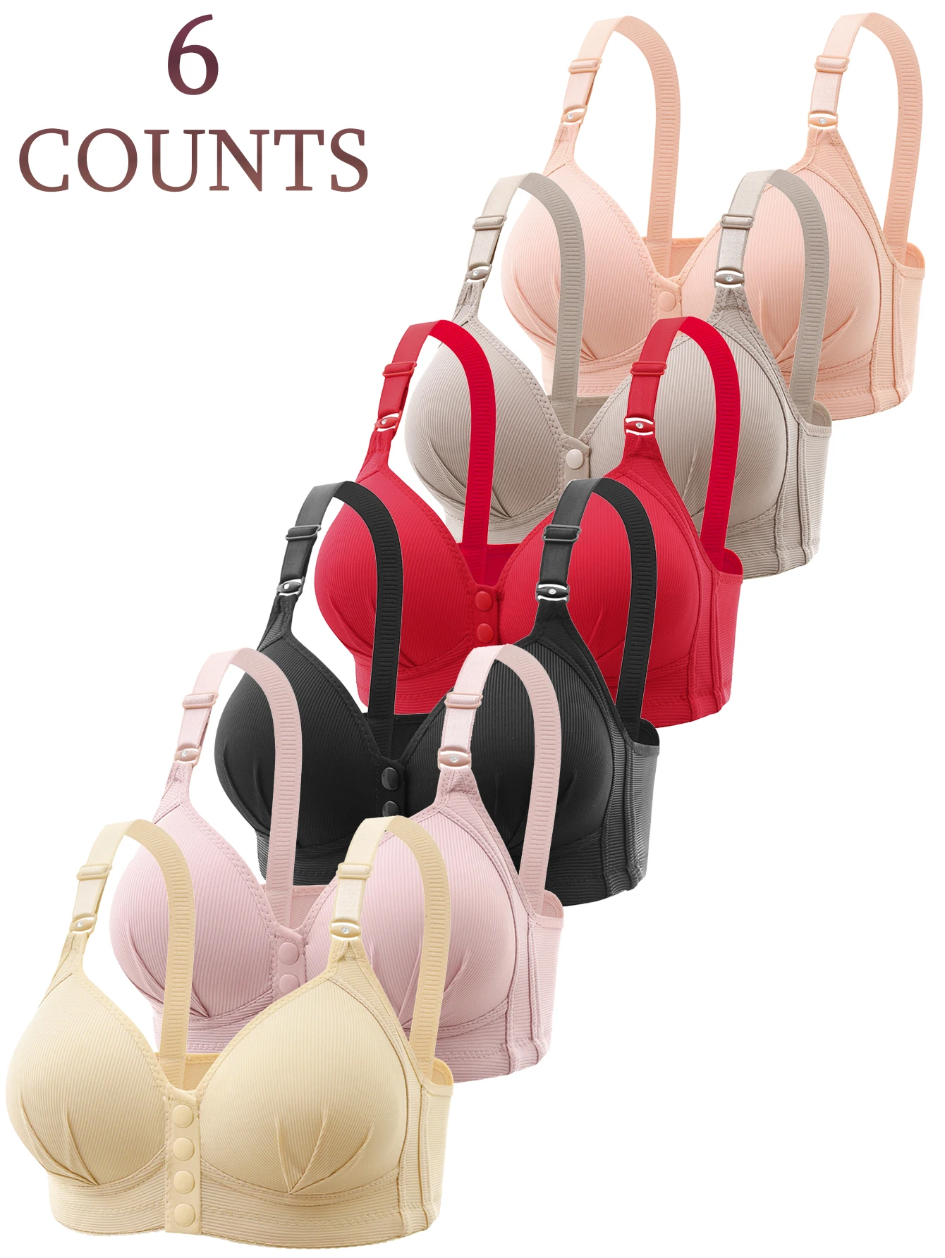 

Набор из 6 удобных, дышащих, беспроводных бюстгальтеров пуш-ап с застежкой спереди, однотонное нижнее белье, простой бюстгальтер