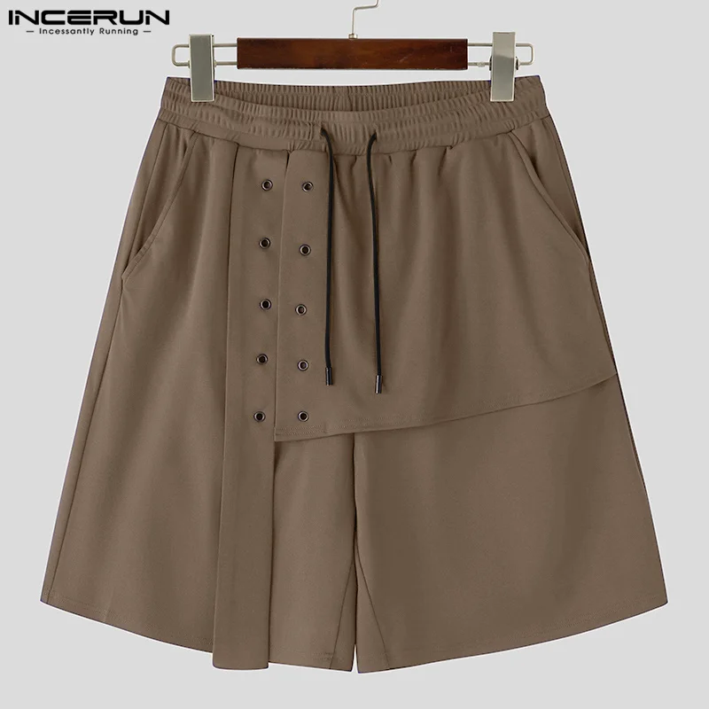 INCERUN Men Irregular Shorts Solid Color Drawstring Loose Pockets Casual Men Bottoms Summer 2024 Fashion Male Cargo Shorts S-5XL