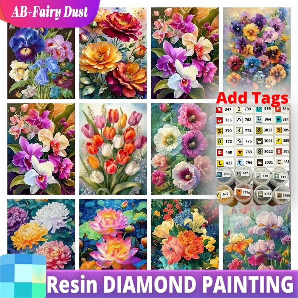 Resin Fairy Dust AB Full Square Round Diamond Mosaic Flower Orchid Painting Kits Iris Floral Rhinestones Pictures Home Decor