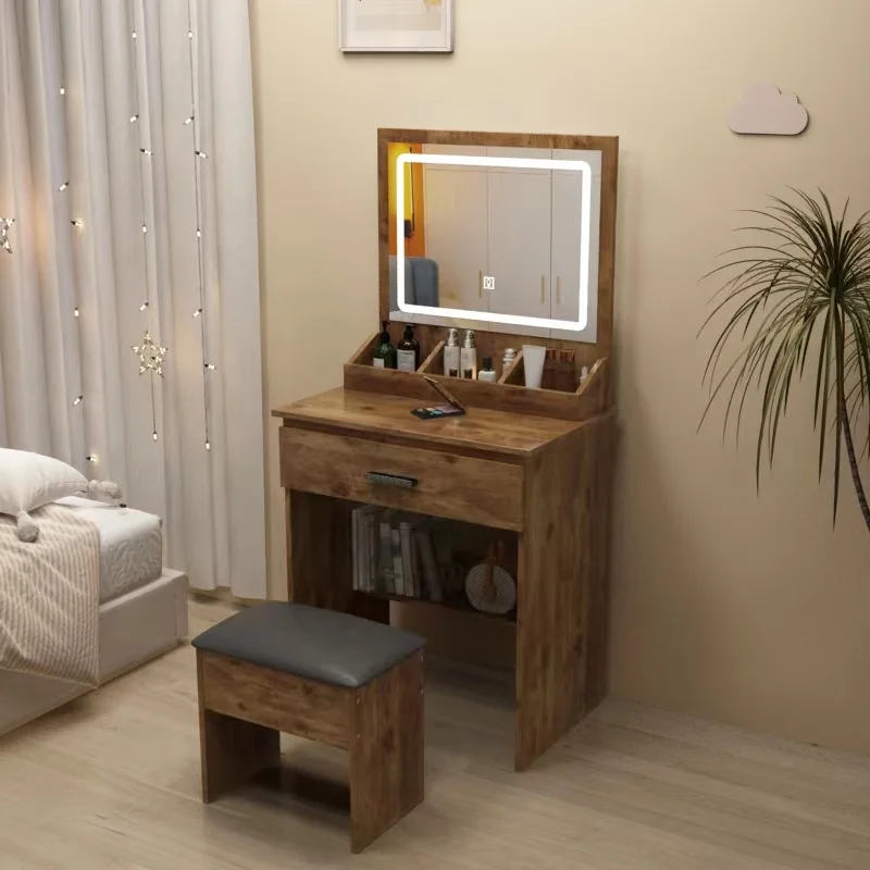 @#Popular Modern Small Makeup Vanity Dressing Set with Lights Mirror and Chair Cheap Bedroom Vanity Dresser for Daily Use