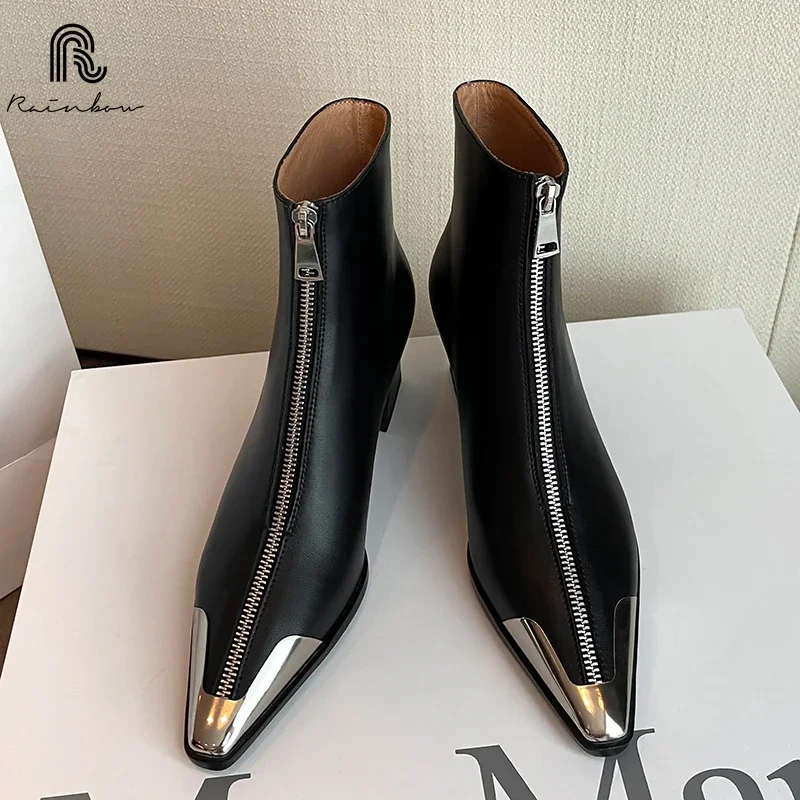 RAINBOW size 34-39 Women Genuine Leather Ankle Boots Chunky High heel Pointed toe Shoes Autumn Black Winter Boots Sexy Zippers