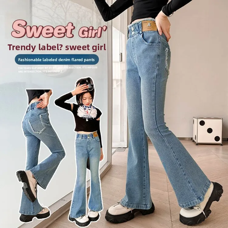 Child Slim Close-fitting Heart Pattern Flared Jeans For Girls Elegant Boot Cut Denim Leggings Pants Kids Fashion Jeans Trousers