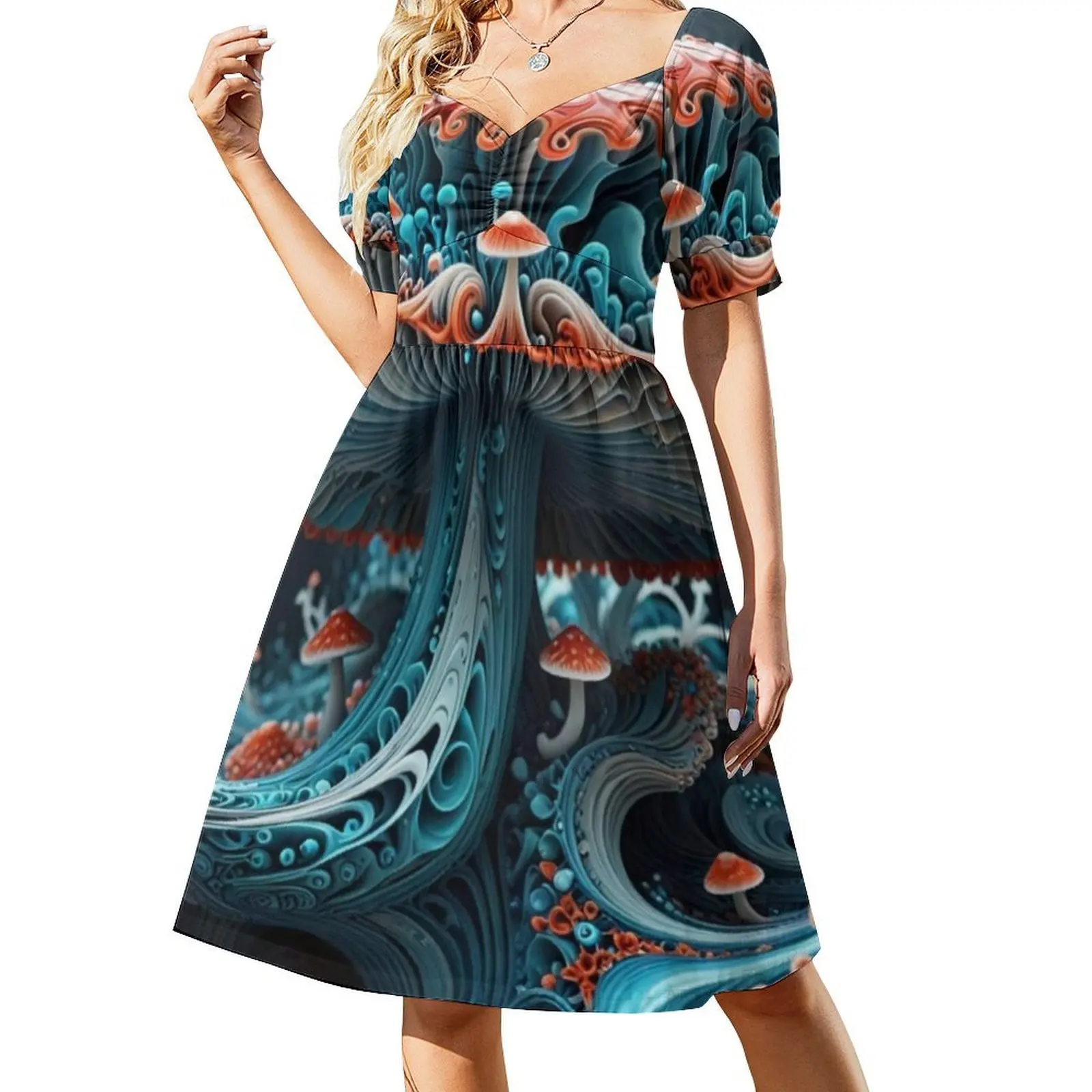 فطر مخدر في الفطر البوهيمي فستان بلا أكمام متعدد الطباعة عطلة الشاطئ فستان الحفلات سريالية الفطر الفن الخيال #2