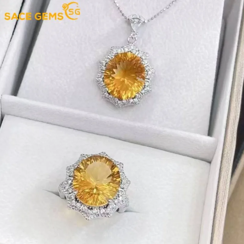 

SACEGEMS Luxury 14*16MM Natual Citrine 925Sterling Silver Rings Pendant Set for Women Engagement Cocktail Party Fine Jewelry Set