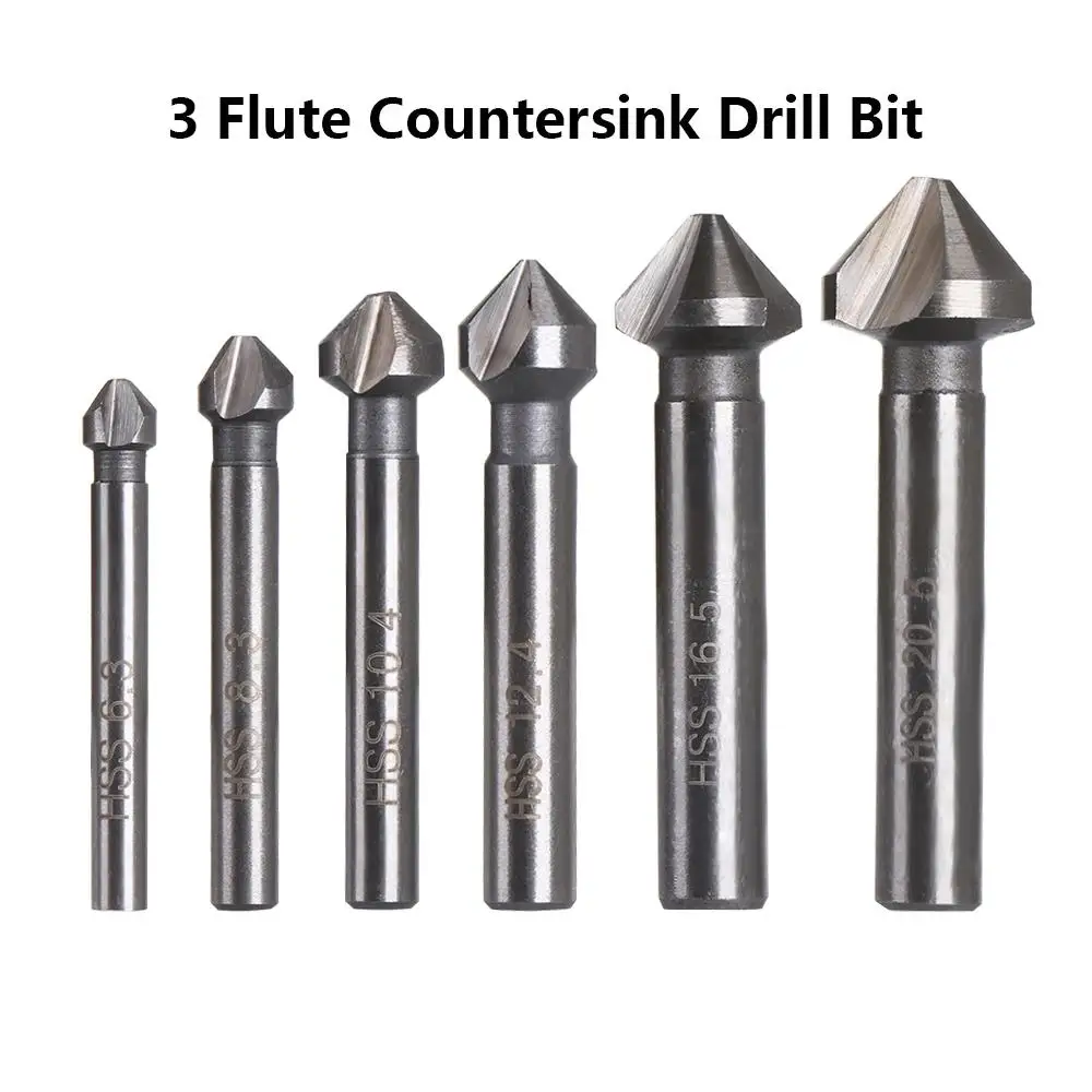 3 Flute Countersink Drill Bit Round Handle 90 Degree HSS Wood Steel Chamfer Cutter Tool 6.3/8.3/10.4/12.4/16.5/20.5mm