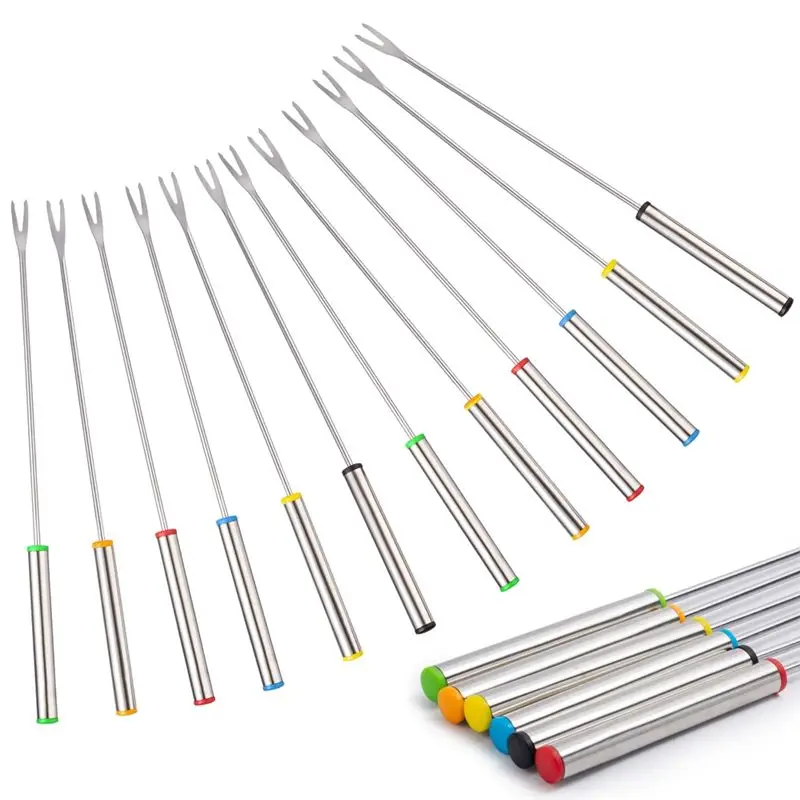 AA94-12PCS 9.5 Inch Color-Coded Stainless Steel Fondue Forks, Cheese Fondue Fork Stainless Steel Fruit With Heat-Blocking