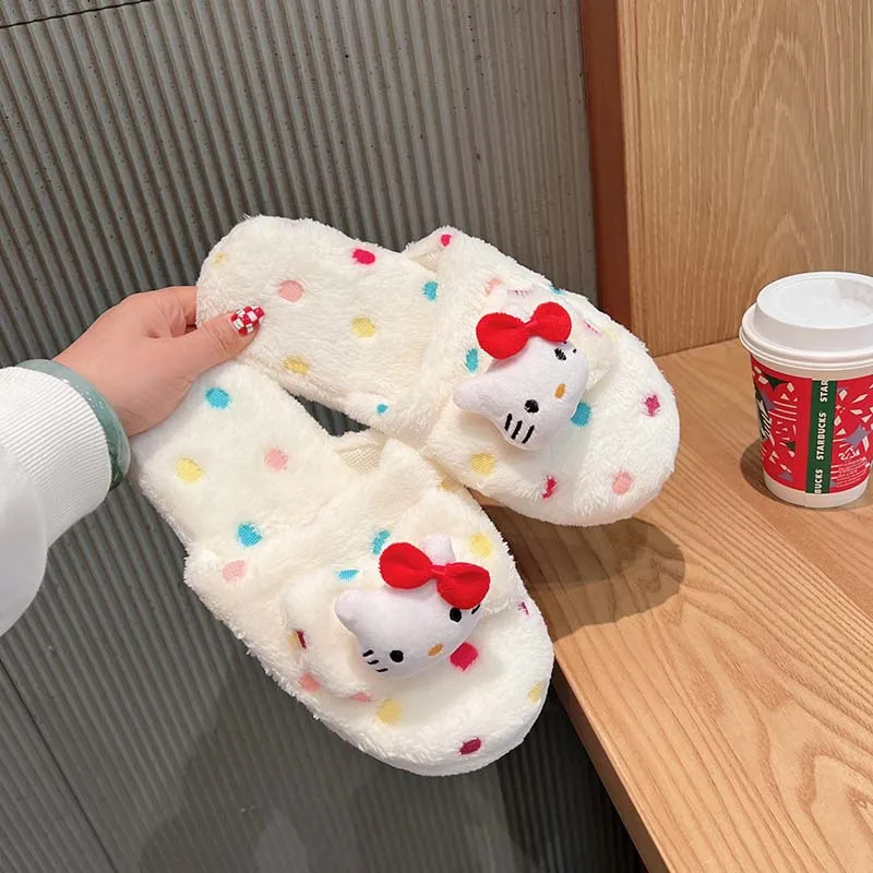 New Kawaii Hellos Kittys Plush Slippers Winter Omfortable Soft Warm Fashion Cotton Drag Household Items Half Dragged Cotton Shoe