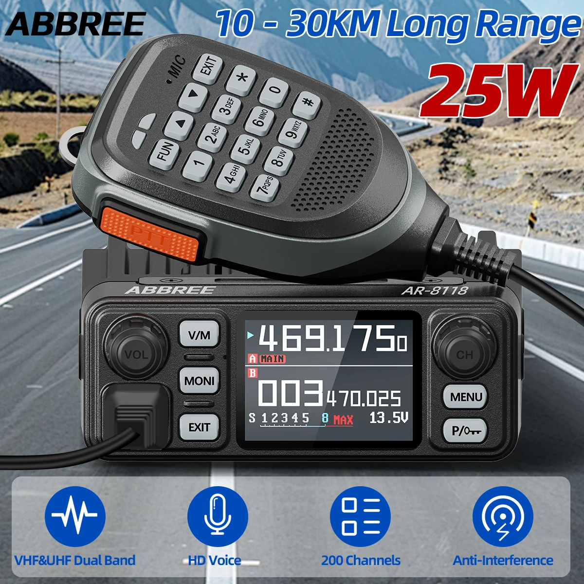 ABBREE AR-8118 Mini Mobile Radio 25W Dual Band Long Range VHF UHF 200CH Anti-Interference Dual PTT HD Vioce Car Radio