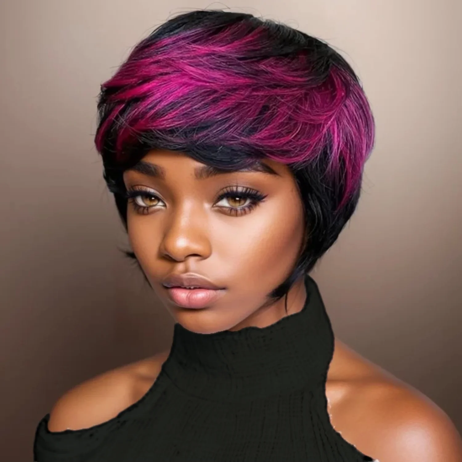 Rambut Manusia Lurus Warna Ungu 1b/Purple, Wig Pixie Pendek Berlapis-lapis Buatan Mesin dengan Poni