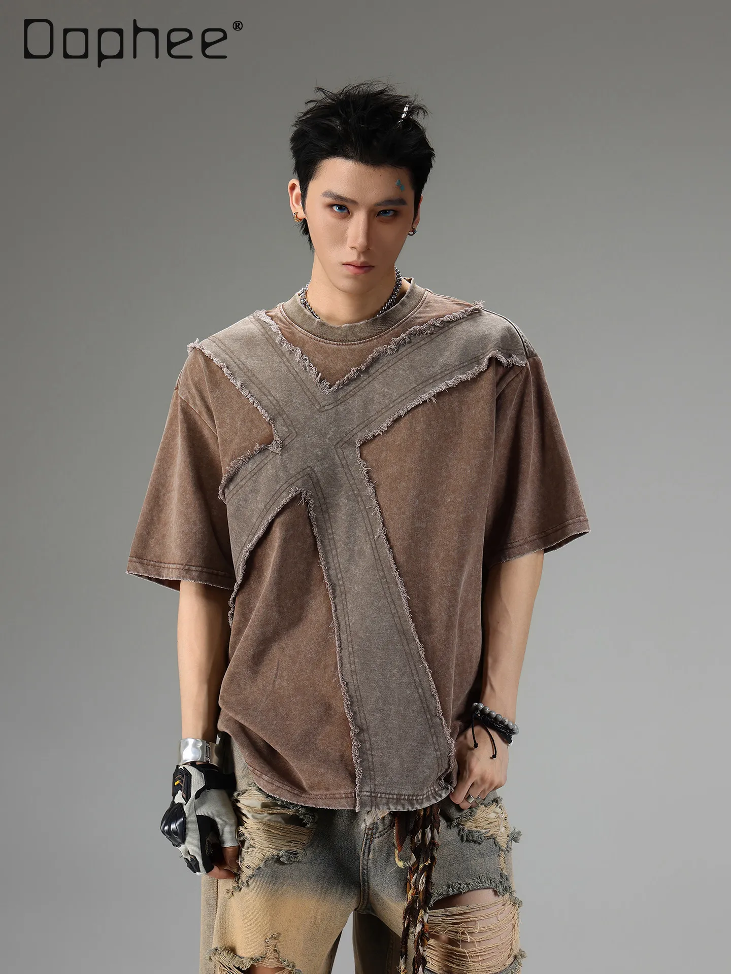Summer Vintage Washed Raw Edge Cross Patchwork Short Sleeve Coffee T-Shirt Men Y2K Deconstructed Oversized Black Streetwear Tee