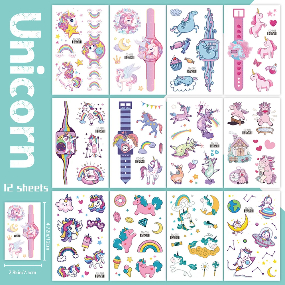 12 Blatt glitzernde rosa Einhorn-temporäre Tattoos, glitzernde Stile, wasserfest, glänzendes Regenbogen-Einhorn, Geburtstagsparty-Zubehör – Detail 5