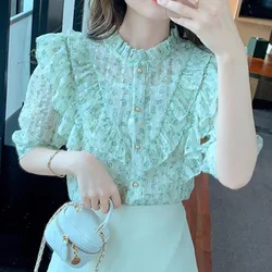 Sweet Loose Printed Button Spliced Ruffles Chiffon Shirt Women Clothing 2023 Summer New Casual Tops All-match Office Lady Blouse