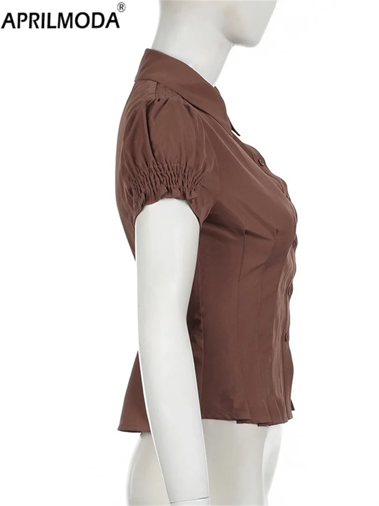 2025 Solid Hot Girl Vintage Harajuku Retro Y2K Damesshirt Korte mouw Button-Down Goth Punk Rock Esthetische Hottie Blouse jaren 90