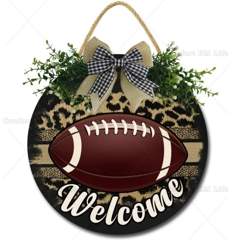 Welcome Sign for Front Door Rustic Leopard Football Welcome Wood Proch Sign Football Fans Souvenir Football Season Decor 12 Inch