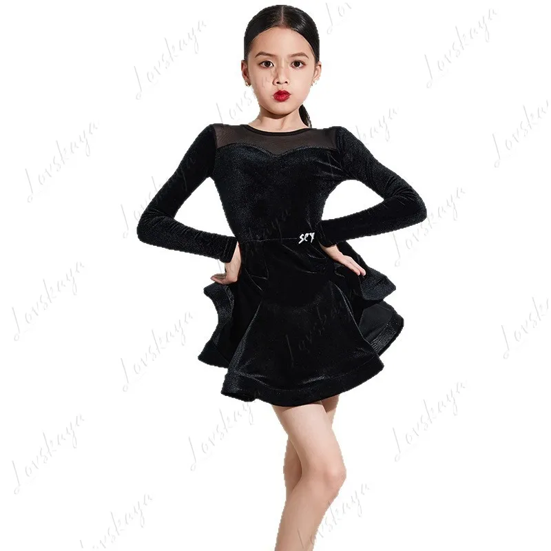 Lateinischer Tanz-Trainingsanzug für Kinder, professionelles Performance-Outfit mit breitem Rock für Mädchen, hochwertiger neuer Herbst-Winter-Stil