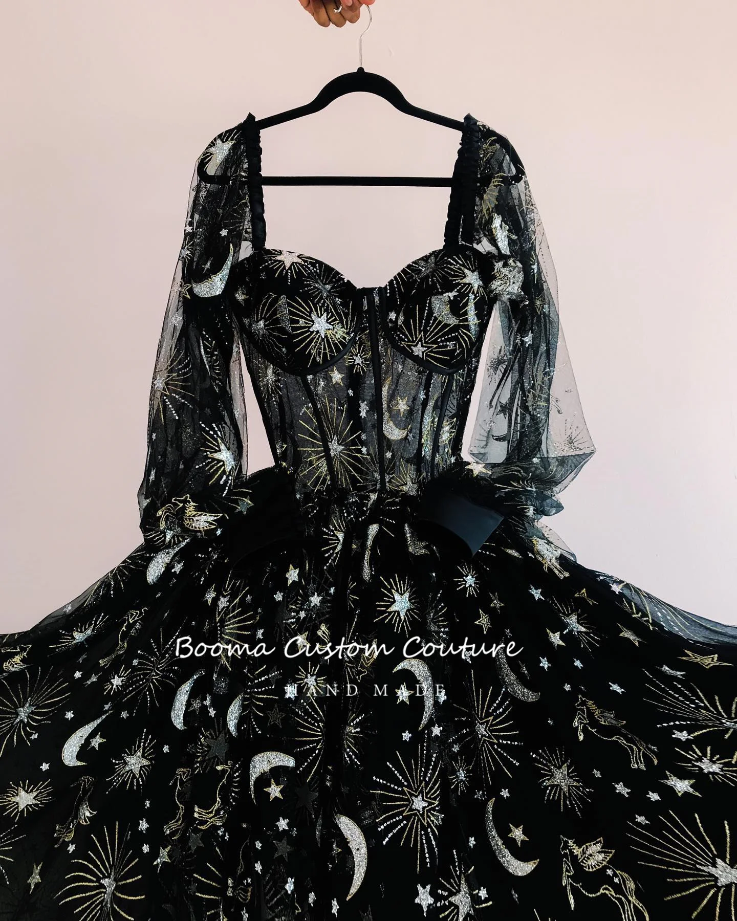 Booma Fairy Constellation Embroidery Tulle Maxi Prom Dresses Sweetheart Long Sleeves  A-Line Wedding Party Dresses Customized