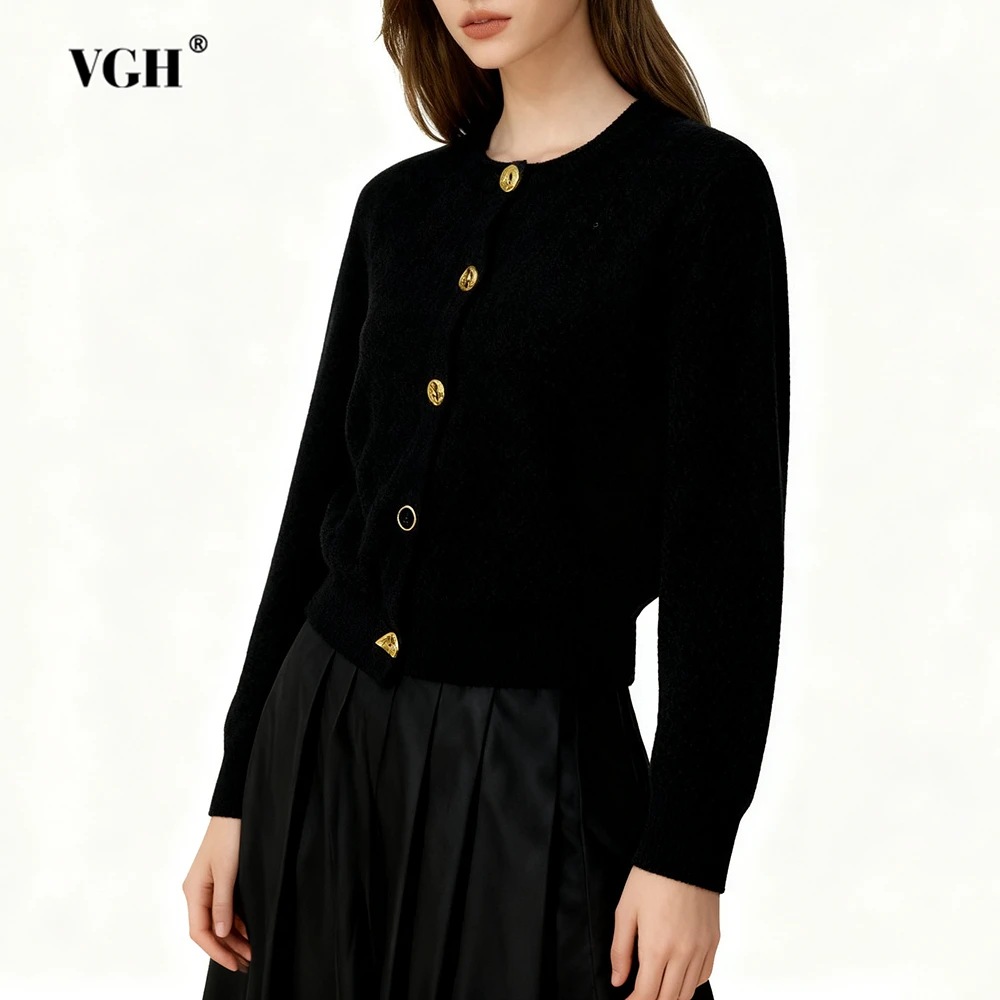 

VGH повседневные однотонные вязаные свитера на пуговицах для женщин с круглым вырезом и длинными рукавами, осенний дизайнерский свитер для поездок на работу, женский стиль