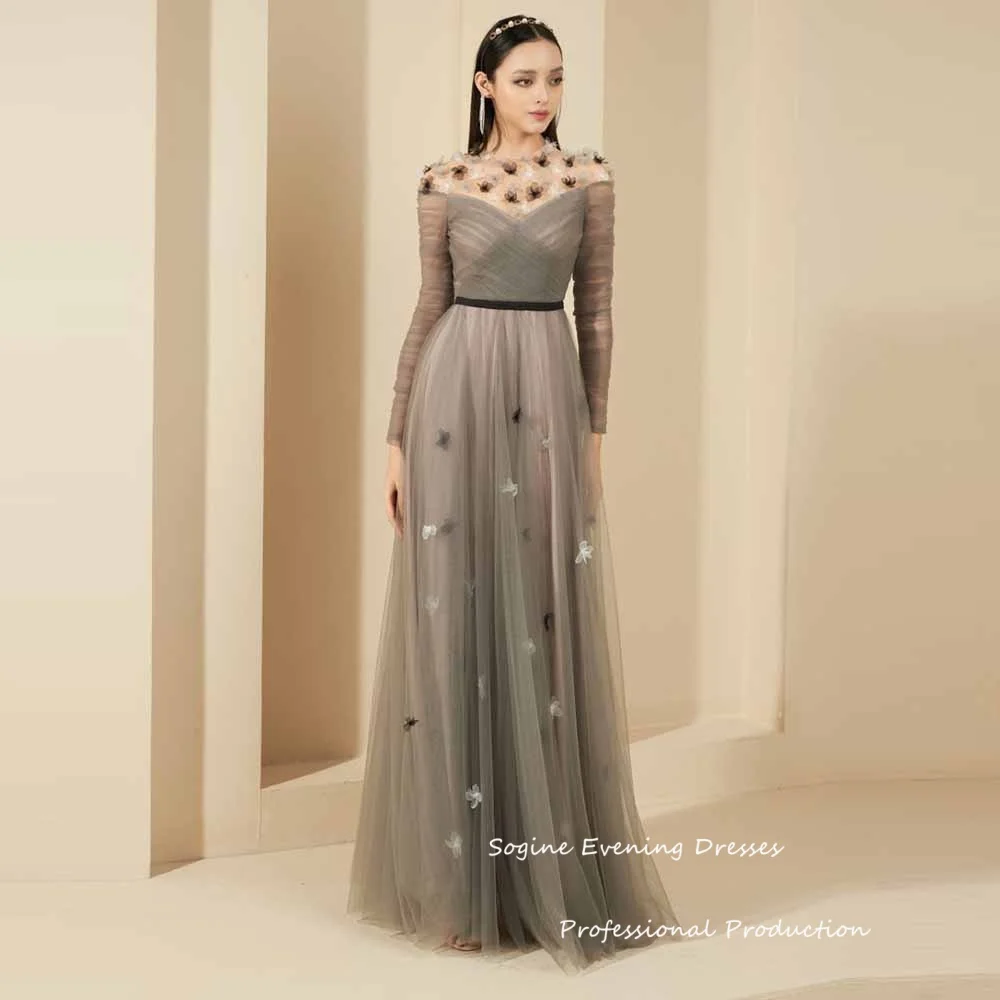 

Customized Tulle Evening Dresses For Women O-Neck A-Line 3d Floral 이브닝드레스 Long Sleeve Corset Prom Dress Sheath Zipper Back