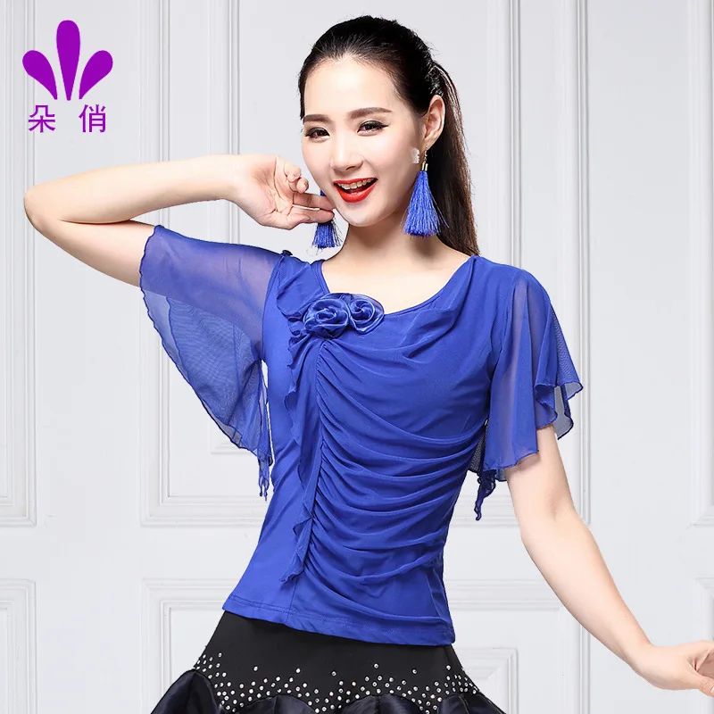 1pcs/lot fashion style woman latin dancing pleated blouse female sweet flower modern dancing top