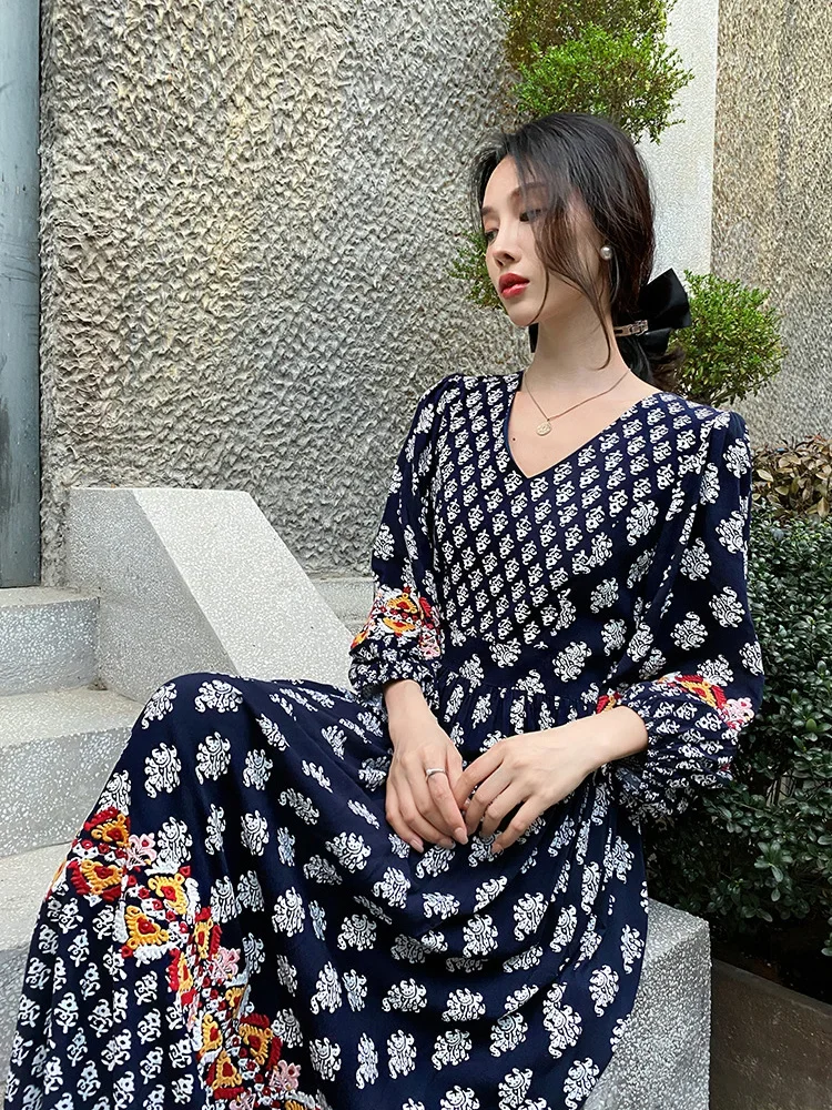 Khalee Yose Boho Floral Chic Maxi Dress Cotton Navy V-neck Casual Long Lantern Sleeve Holiday Women Dresses Sexy Ladies Vestidos