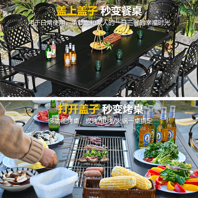 야외 안뜰 테이블 및 의자 주조 알루미늄 바베큐 테이블 전기 그릴 야외 정원 숯불 그릴 테이블 야외