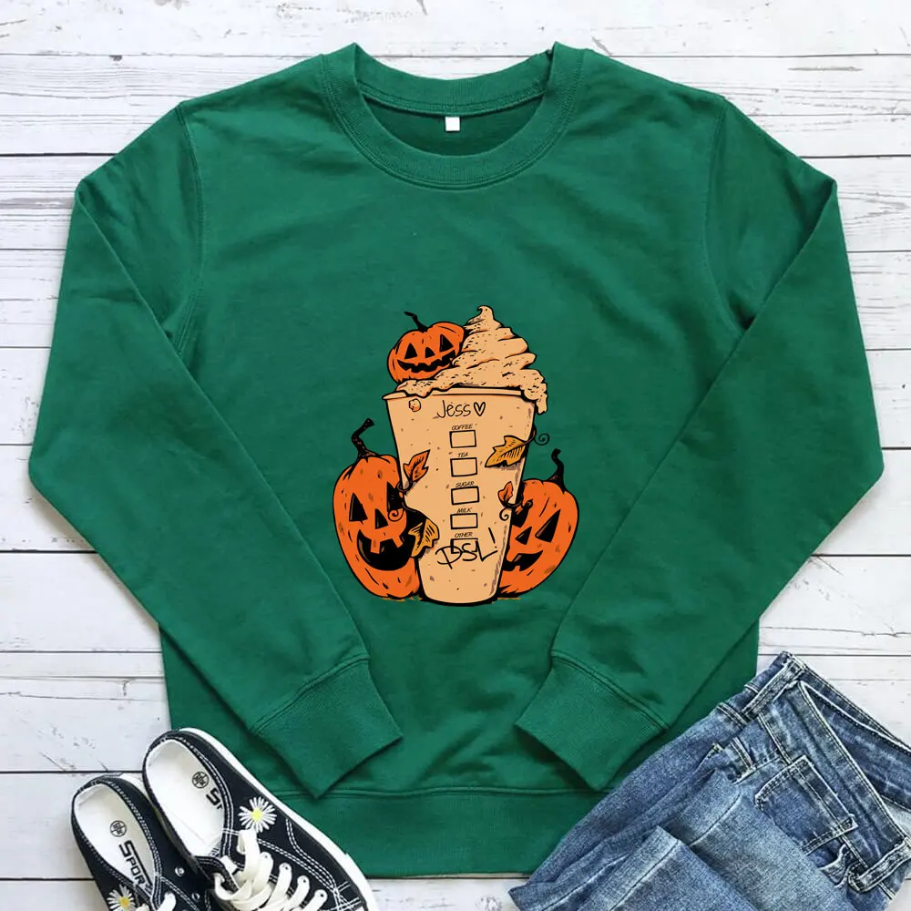 

Pumpkin Coffee Graphic Printed Funny Halloween Sweatshirt Women 100%Cotton Spring Autumn Funny Casual Long Sleeve Top