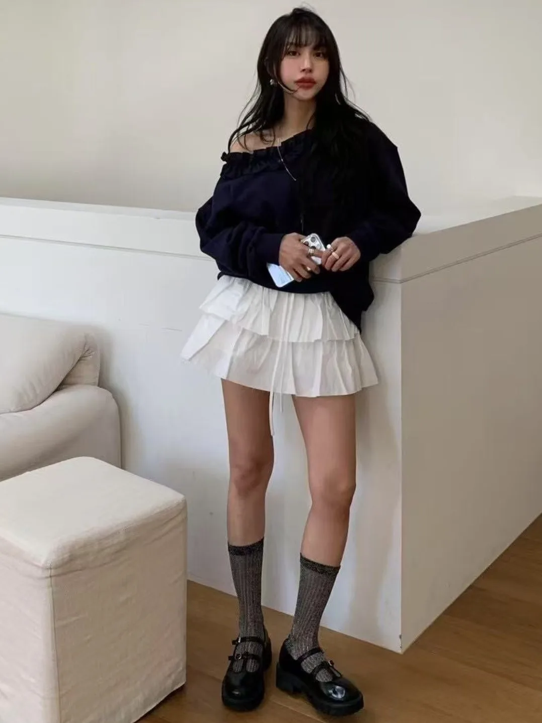 

Street Sle Splice oulder Loose Fit Sweatirt Women's Diagonal Collar Sweet Versatile Casual Top Coat Spring Autumn