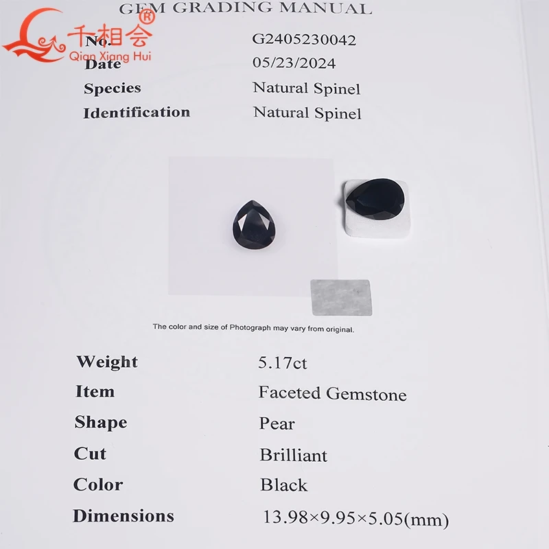 5.17ct pear shape diamond cut Natural Spinel black color  Decoration Gifts Loose Gemstone GRC certificated