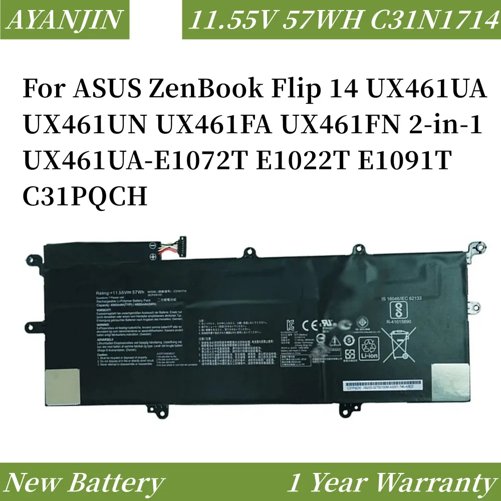 

Новый аккумулятор C31N1714 57WH для ASUS ZenBook Flip 14 UX461UA UX461UN UX461FA UX461FN 2-в-1 UX461UA-E1072T E1022T E1091T C31PQCH