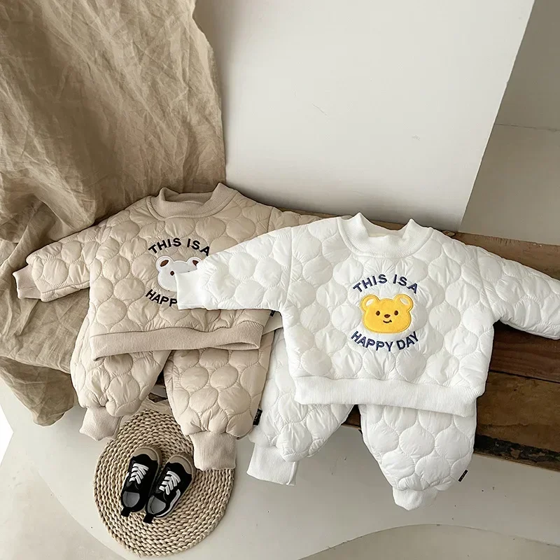 Winter Baby Clothes Set 2pcs Korean Style Cartoon Bear Plush Thick Baby Boy Girls Clothing Long-sleeved Cotton Casual Costume