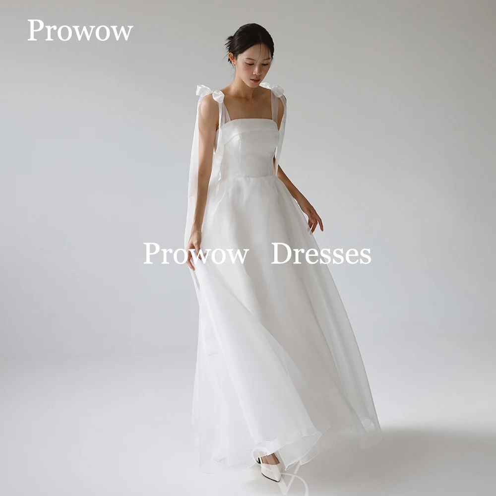 

Prowow Simple Organza A Line Wedding Dresses Korea Photoshoot Floor Length Bride Gowns Spaghetti Straps Pleats Customized