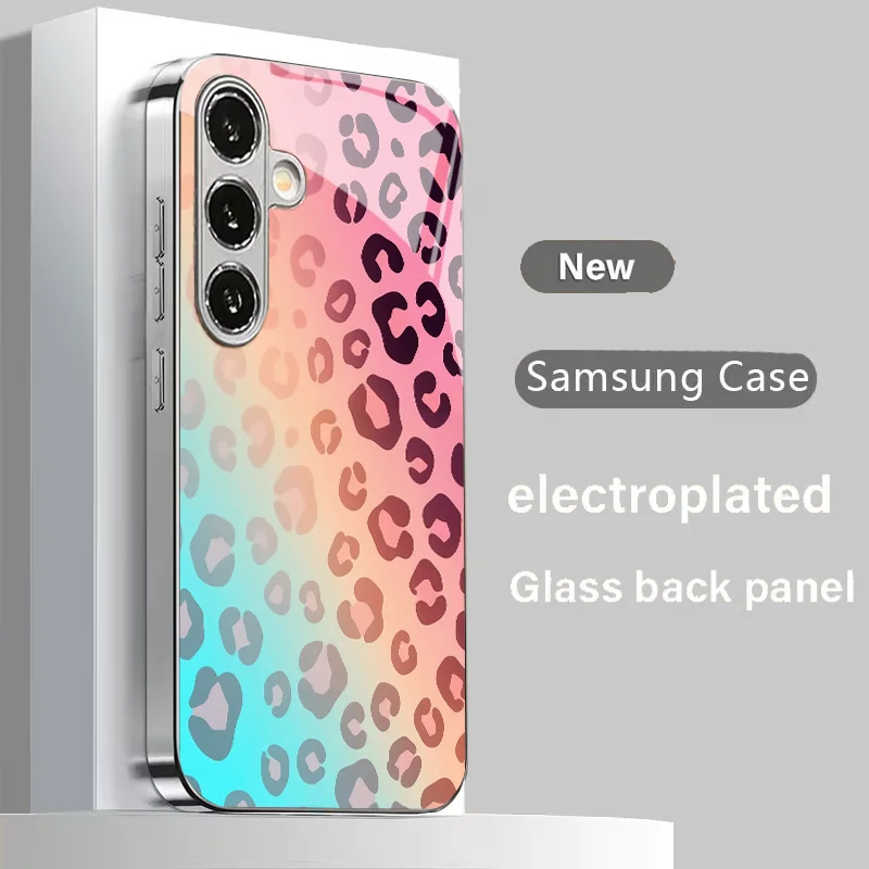 Gradient Pink Blue Leopard Pattern Glass Phone Case Suitable for Samsung Galaxy S26 S25 S24 S22 S21 S20 FE/Ultra/Plus Anti Drop