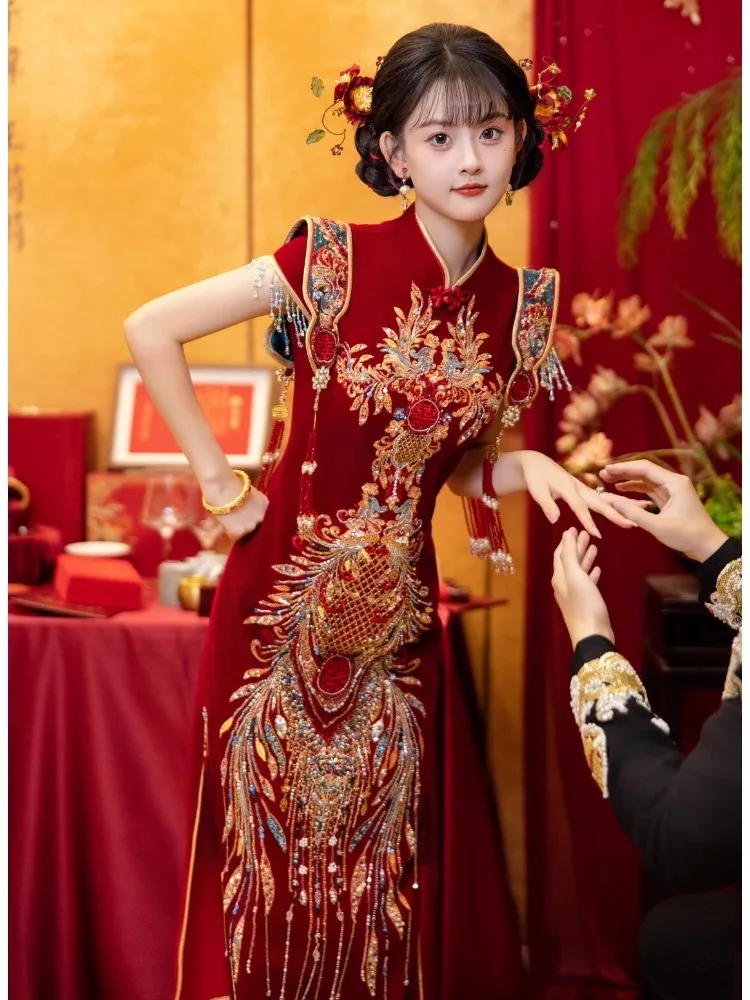 

Red Chinese Sle Engagement Wedding Dr ort Sve Low Slit Polyester Fiber Vintage Wind Bridesmaid Gown