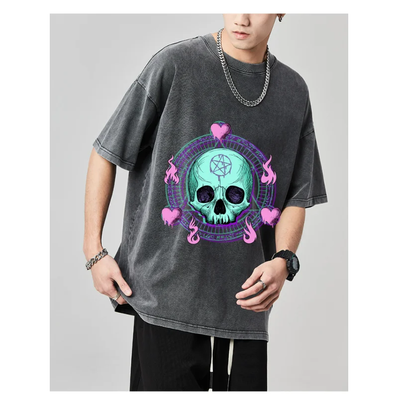 European American Street Vintage T-Shirts New Skulls Print Black Short-sleeved T-shirt Teenagers Trendy Round Neck Casual Top