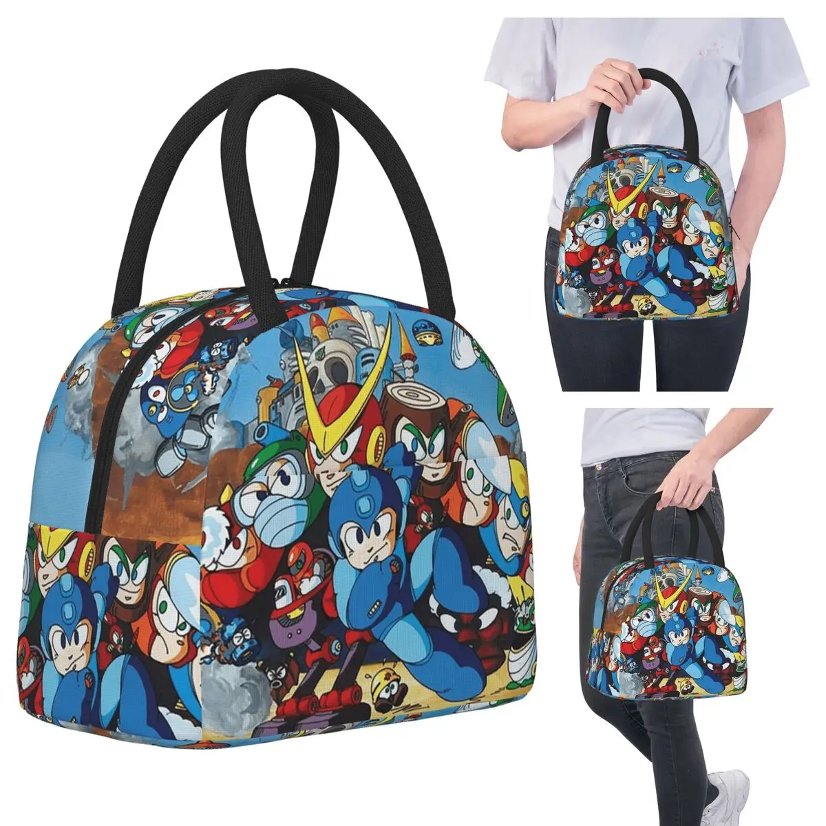 

Classic Megaman 2 Insulated Lunch Bag for Women Office Cooler Thermal Food Box Tote Portable Lunch Boxes Container