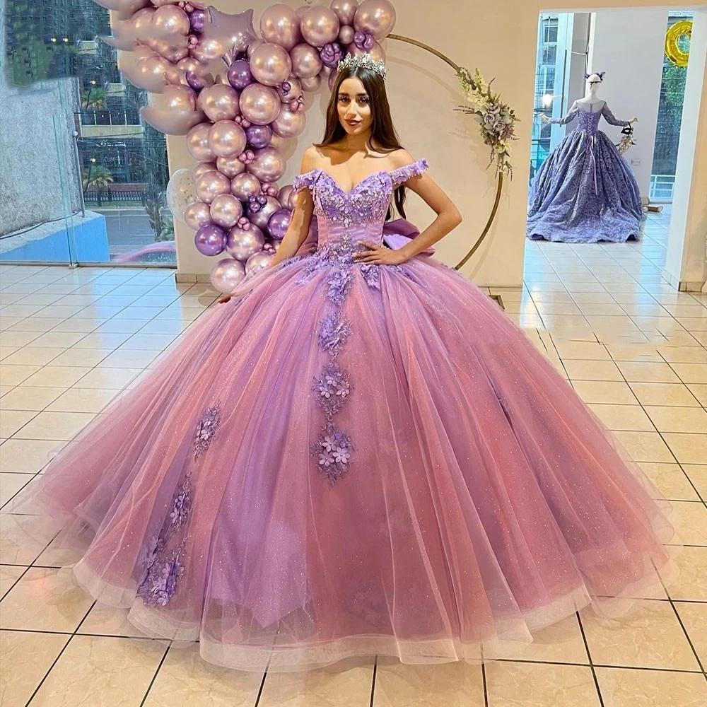 

ANGELSBRIDEP Pink Quinceanera Dresses Off The Shoulder Glitter Tulle Appliques Ball Gown Pageant Birthday Party Robes De Bal