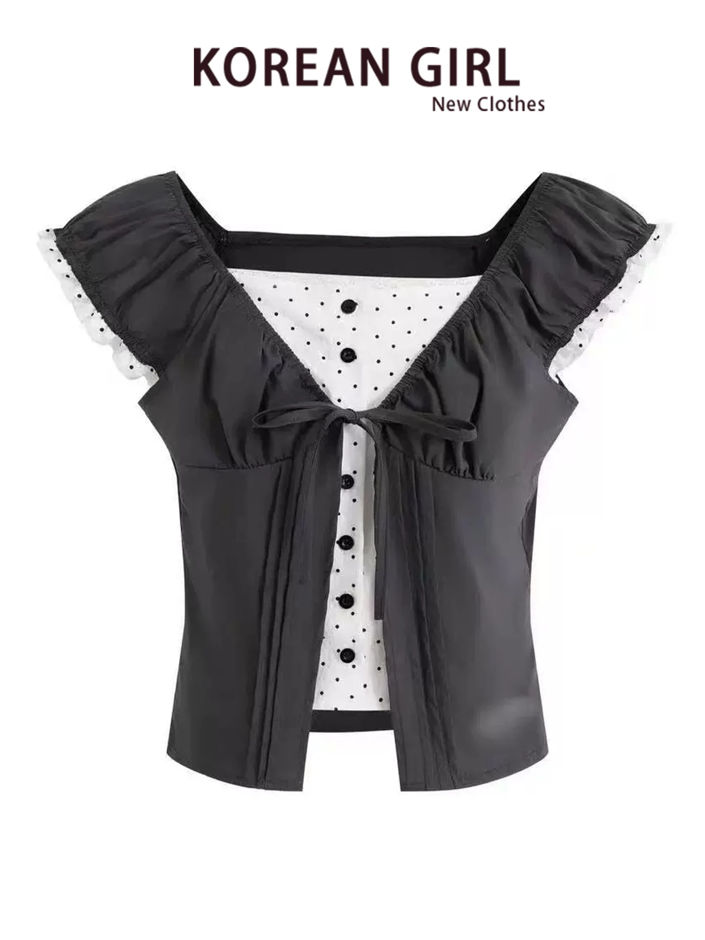 Korean Style Polka Dot Short Sleeve T-Shirt Women Summer Sweet Cool Style Lace Hem Color Block Top Trendy Fashion Ladies' Shirt