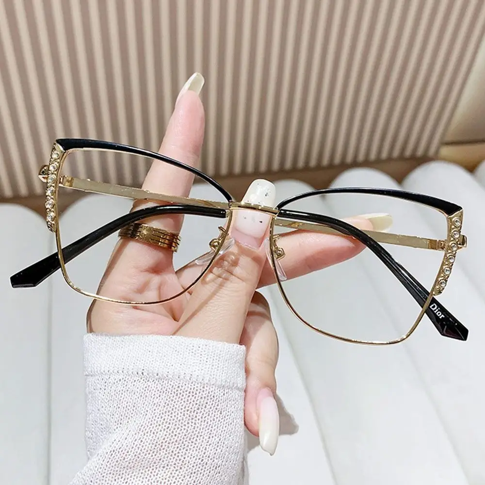 Women Fashion Rhinestone Anti-Blue Light Glasses Eye Care Ultra Light Cat Eye Frame Optical Eyeglasses Office Computer Goggles