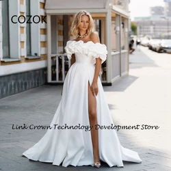 Vestidos De novia blancos con cuello barco para mujer, vestido De novia con abertura lateral y hombros descubiertos, vestido De satén plisado, novedad De verano 2024