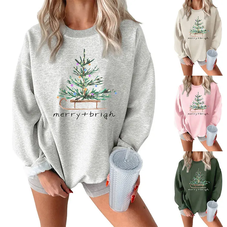 

Autumn and winter women's hoodie merry brigh Christmas tree print top casual crewneck long sleeve thick hoodie fashion loose top