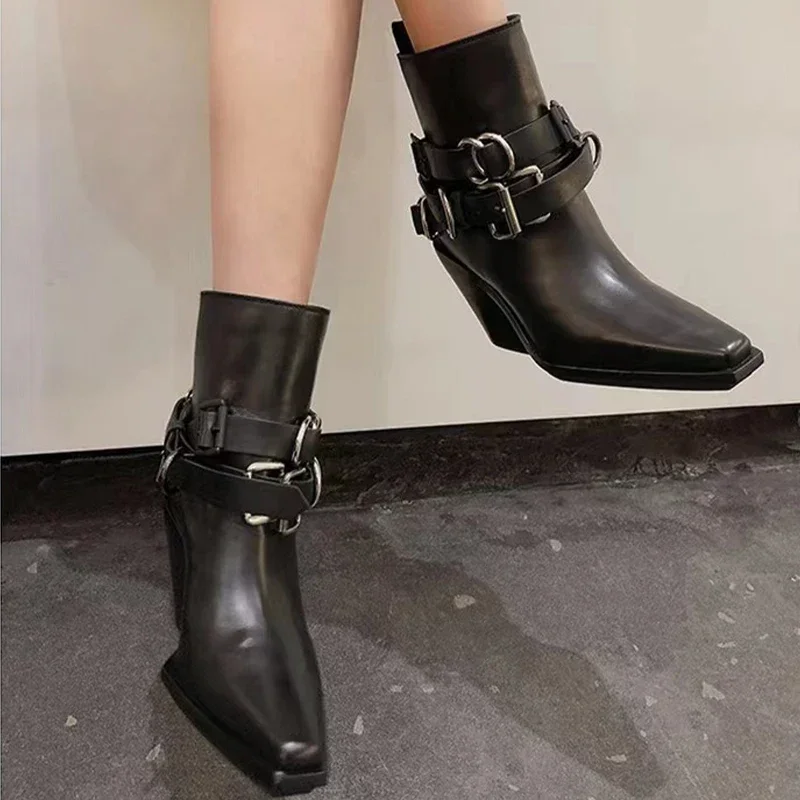 Chelsea Ankle Boots Leather Women High Heels Shoes Designer Pointed Toe Wedges Woman Boots Trend New Goth Pumps Snow Botas Mujer