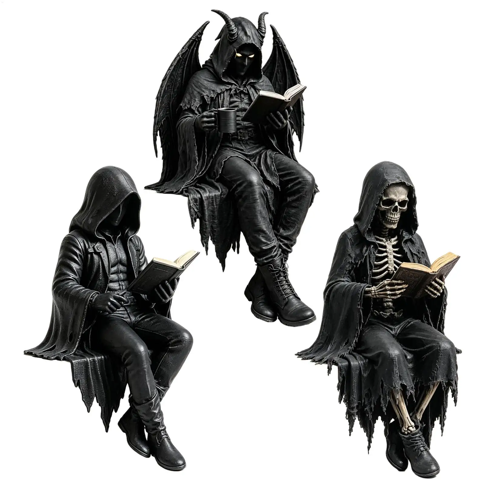 12X6cm Gothic Resin Statue, Fantasy Robed Figure Bookshelf Decor, Dark Aesthetic Tabletop Ornament for Home Office Living Room